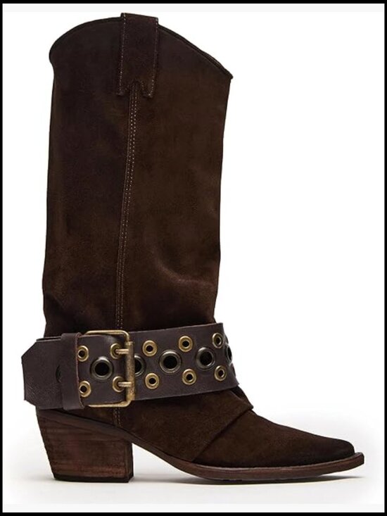 Shoes - Suede Pointed Toe Cowboy Boots Chunky Heel Mid Calf Western Shoes